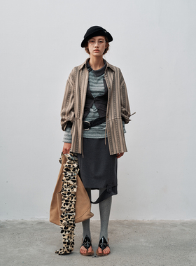 FUNNEL IN复古翻领花朵竖条纹衬衫女收腰抽绳开衫秋新款衬衣外套