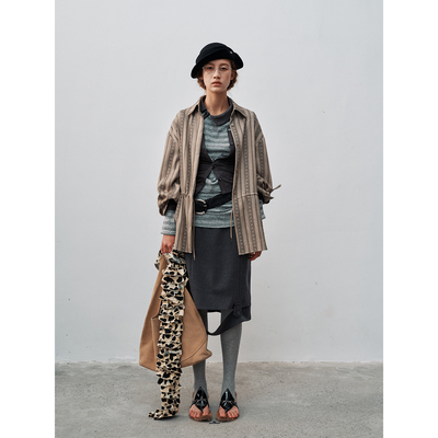 FUNNEL IN复古翻领花朵竖条纹衬衫女收腰抽绳开衫秋新款衬衣外套