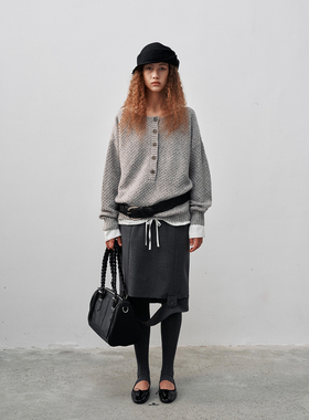 FUNNEL IN 一字肩亨利领毛衣女套头外穿灰色长袖针织衫秋冬高级感