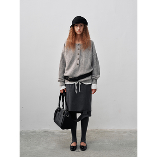 FUNNEL IN 一字肩亨利领毛衣女套头外穿灰色长袖针织衫秋冬高级感