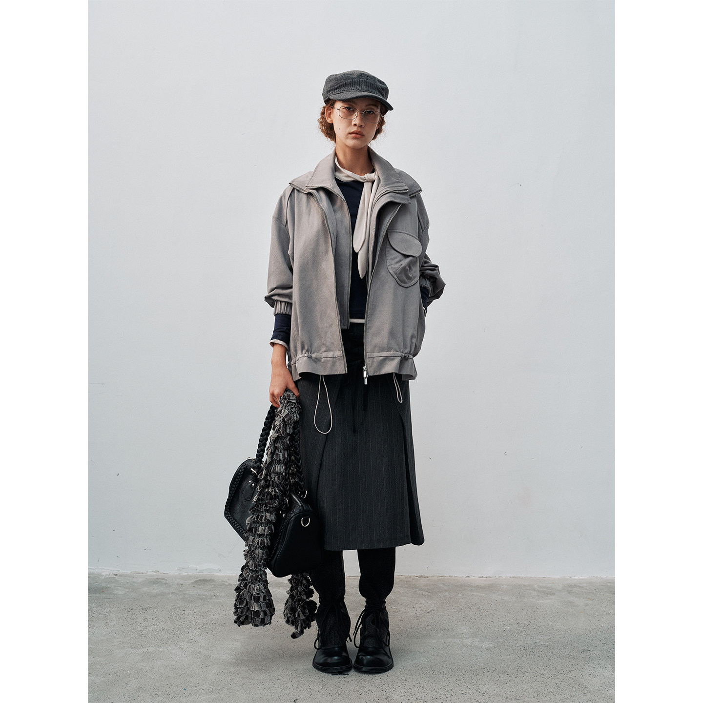 FUNNEL IN 假两件工装感短款夹克2025秋冬季新款抽绳翻领外套女