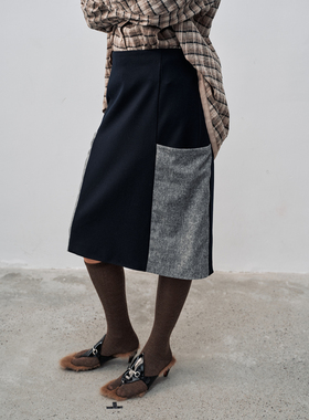 FUNNEL IN复古直筒时尚分割拼接叠穿秋季新款撞色半裙女中长裙潮