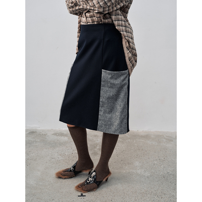 FUNNEL IN复古直筒时尚分割拼接叠穿秋季新款撞色半裙女中长裙潮