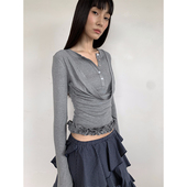 FUNNEL 内搭假两件木耳边罩衫 IN莫代尔荡领花边针织长袖 打底衫