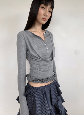 FUNNEL IN莫代尔荡领花边针织长袖打底衫内搭假两件木耳边罩衫