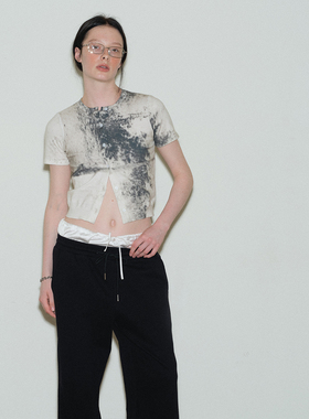 FUNNEL IN原创设计 中国风水墨泼墨印染短袖针织开衫女夏短款上衣