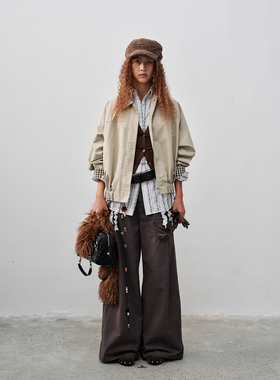 FUNNEL IN 袖口格纹短款夹克2025新款翻领工装百搭外套女