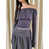 一字领抽褶收腰针织长袖 T恤露肩上衣罩衫 FUNNEL 打底衫 上衣