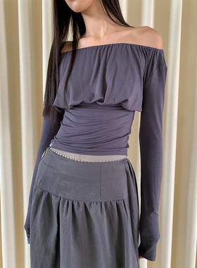 FUNNEL IN 一字领抽褶收腰针织长袖T恤露肩上衣罩衫打底衫上衣