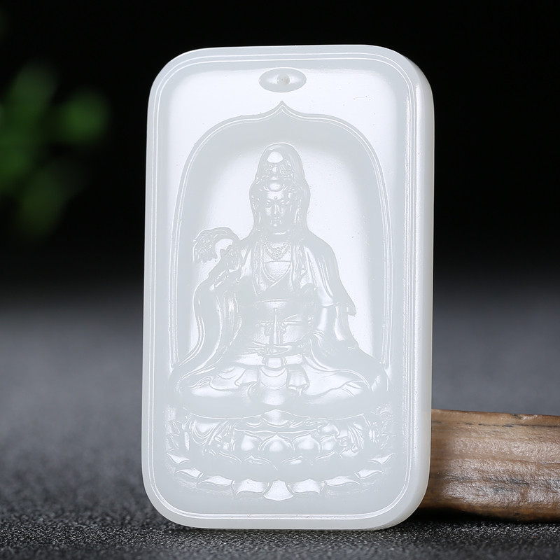 天然新疆和田玉羊脂白玉观音吊坠男女款莲花观音玉净瓶牌玉佩挂件