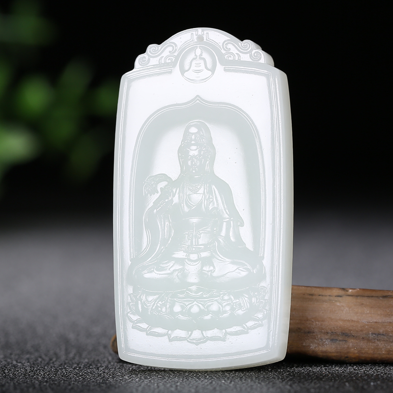 [观音菩萨]天然新疆和田玉羊脂白玉观音莲花玉牌挂件玉石吊坠玉佩