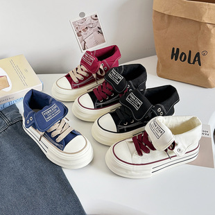 厚底高帮帆布鞋女款黑色百搭运动休闲鞋增高板鞋女鞋可两穿女鞋