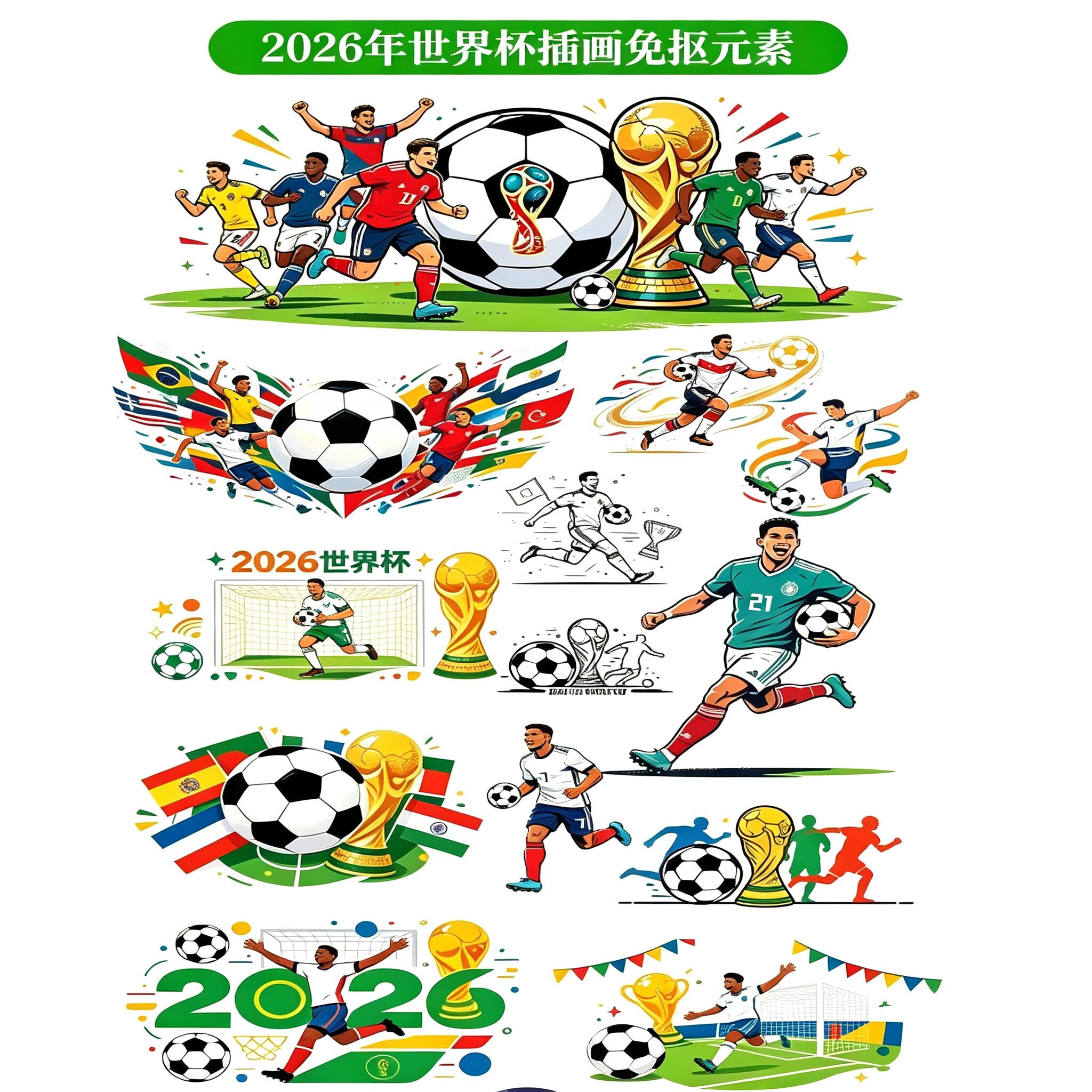 世界杯插画免抠元素合集足球运动员奖杯国旗设计素材大全