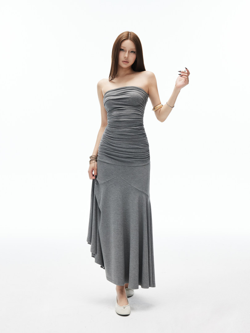 Grey strapless maxi dress worn by a model