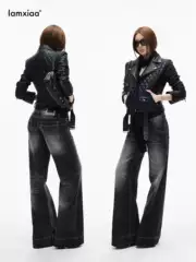 Iamxiaa* High Proportion of Cotton-Like Denim Black Vintage Washed Wide-Waisted Double-Button Loose Fit Straight-Leg Pants That Hide Flaws