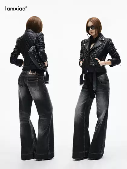 Iamxiaa* High Proportion of Cotton-Like Denim Black Vintage Washed Wide-Waisted Double-Button Loose Fit Straight-Leg Pants That Hide Flaws