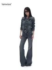 Iamxiaa* Distressed Washed Short Slim-Fit Jacket Denim Coat & Low-Rise Flared Slim-Fit Jeans Set