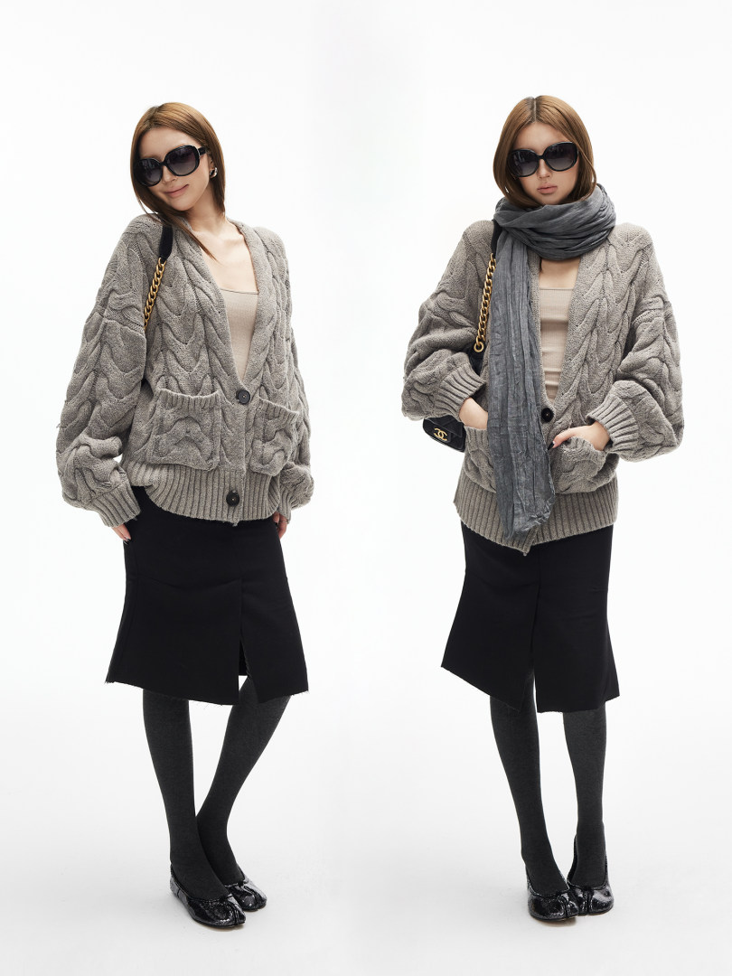 Gray cable-knit cardigan styled on two models with scarf and sunglasses