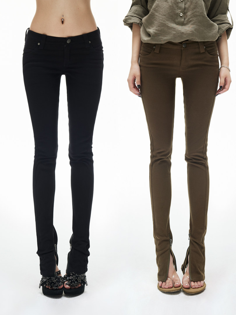 Slim-fitting pants modeled in black and brown colorways