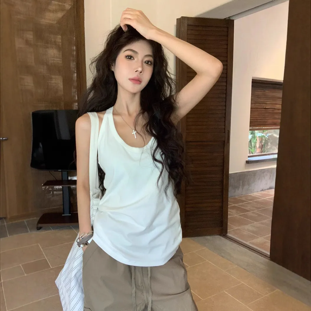 美式辣妹U领挂脖背心女2025夏季新款宽松显瘦性感露背无袖上衣潮