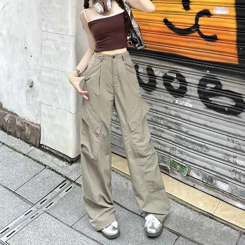美式复古工装裤女夏季薄款灰色高腰直筒阔腿裤小个子速干运动