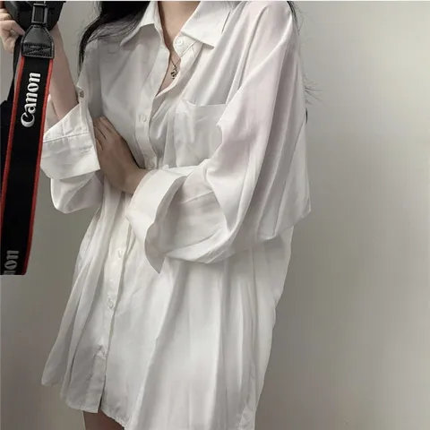 中长款白色上衣薄款夏秋衬衣女女装长袖衬衫外套防晒慵懒风