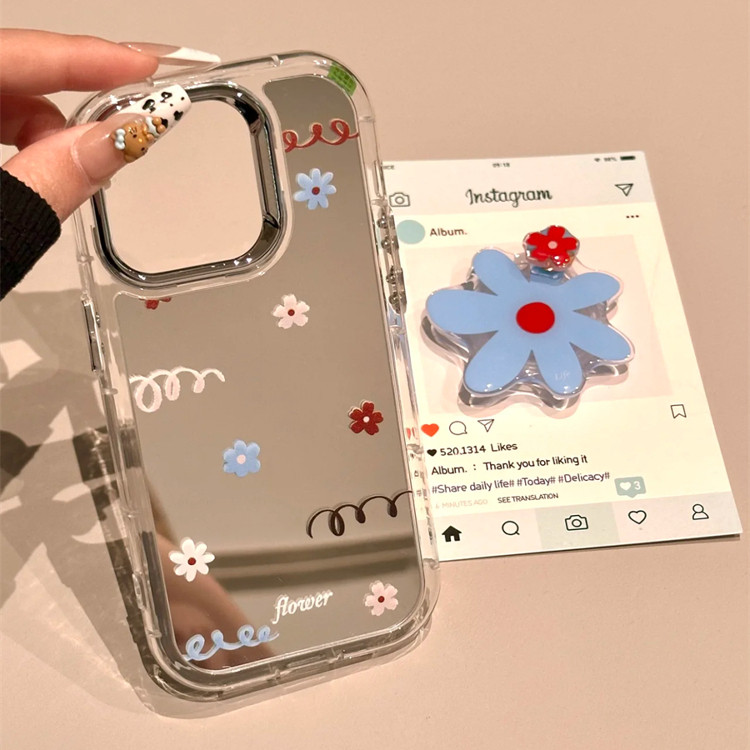 ins风花朵镜面适用iphone16pro手机壳苹果16新款15创意支架14pro女款13超火15promax全包防摔保护套