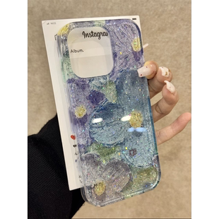 ins半透闪粉蓝紫油画花朵适用iphone16pro手机壳苹果17新款 13超火15promax全包防摔保护套 15创意14pro女款
