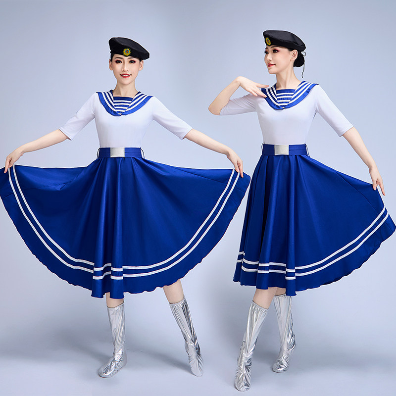 海军风演出服中长裙连帽送鞋套弹力面料广场舞服军旅演出服合唱服