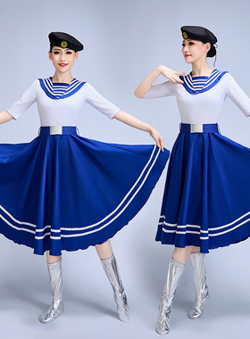 海军风演出服中长裙连帽送鞋套弹力面料广场舞服军旅演出服合唱服