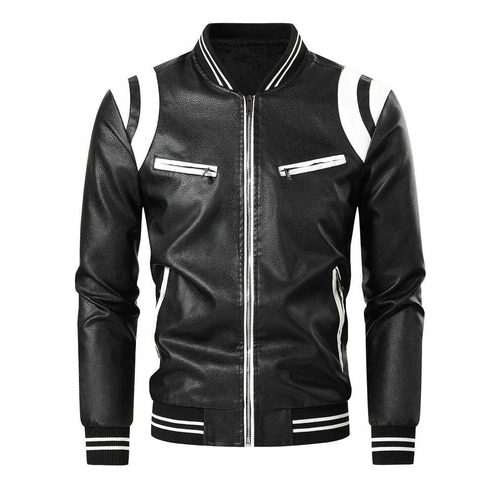 Fleece color-block PU leather jacket春秋季加绒款拼色PU皮夹克