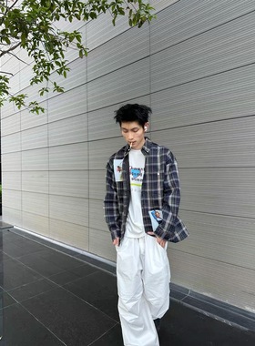 REBELTOREBEL 现货！原创艺术家烫画贴布拼贴复合面料格子衬衫