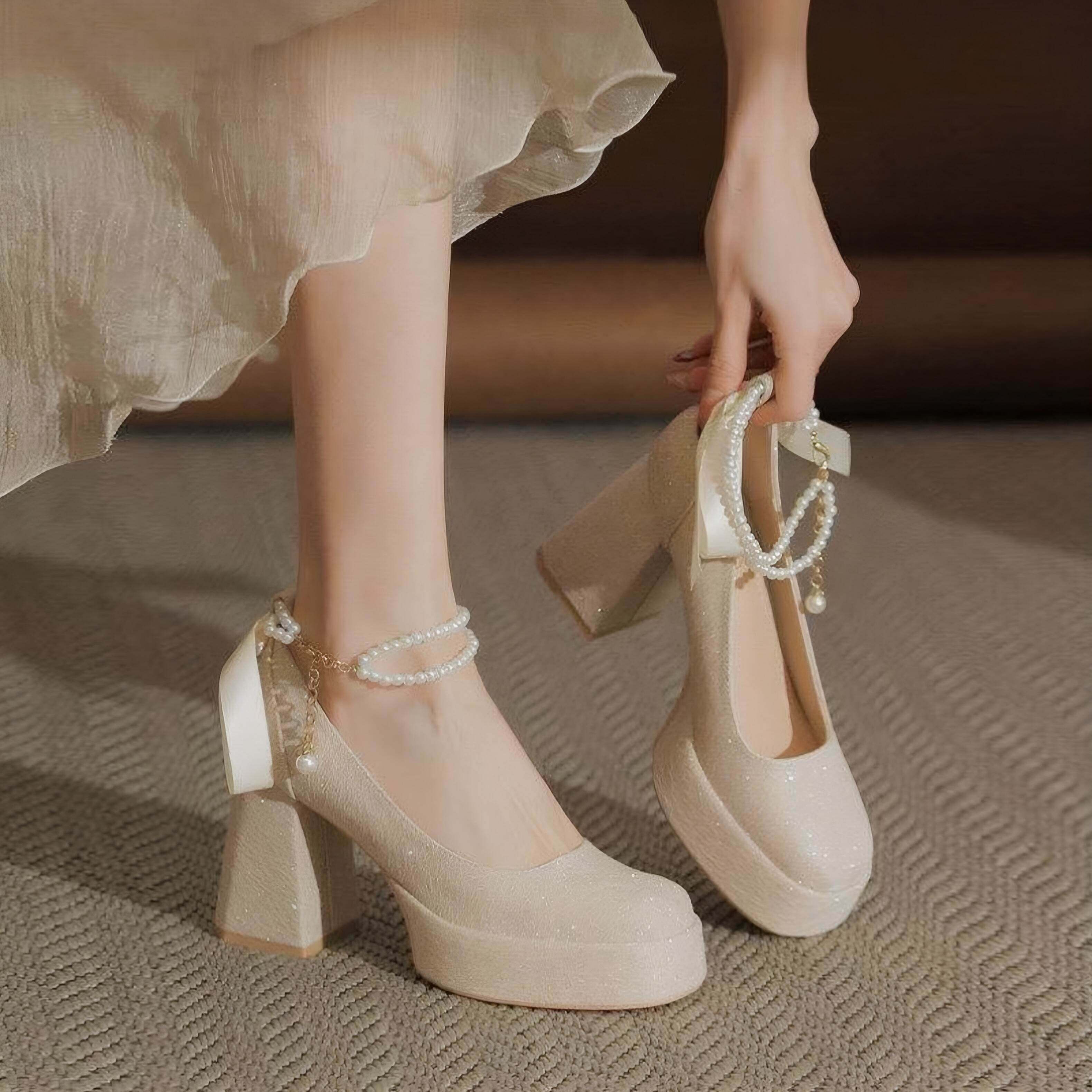 不累脚主婚纱婚鞋新款小个子粗跟防水台高跟鞋女18岁成人礼宴会鞋