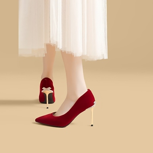 红色婚鞋女新娘高跟鞋尖头浅口蝴蝶水钻细跟高级感不累脚宴会单鞋