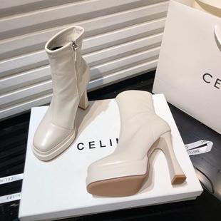 10cm厚底短靴女2025冬季新款小个子增高方头防水台高跟鞋真皮女靴