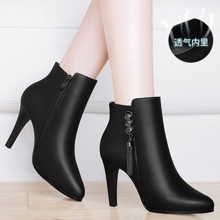 马丁靴女细跟2024冬季新款加绒尖头高跟鞋百搭单靴春大东真皮短靴