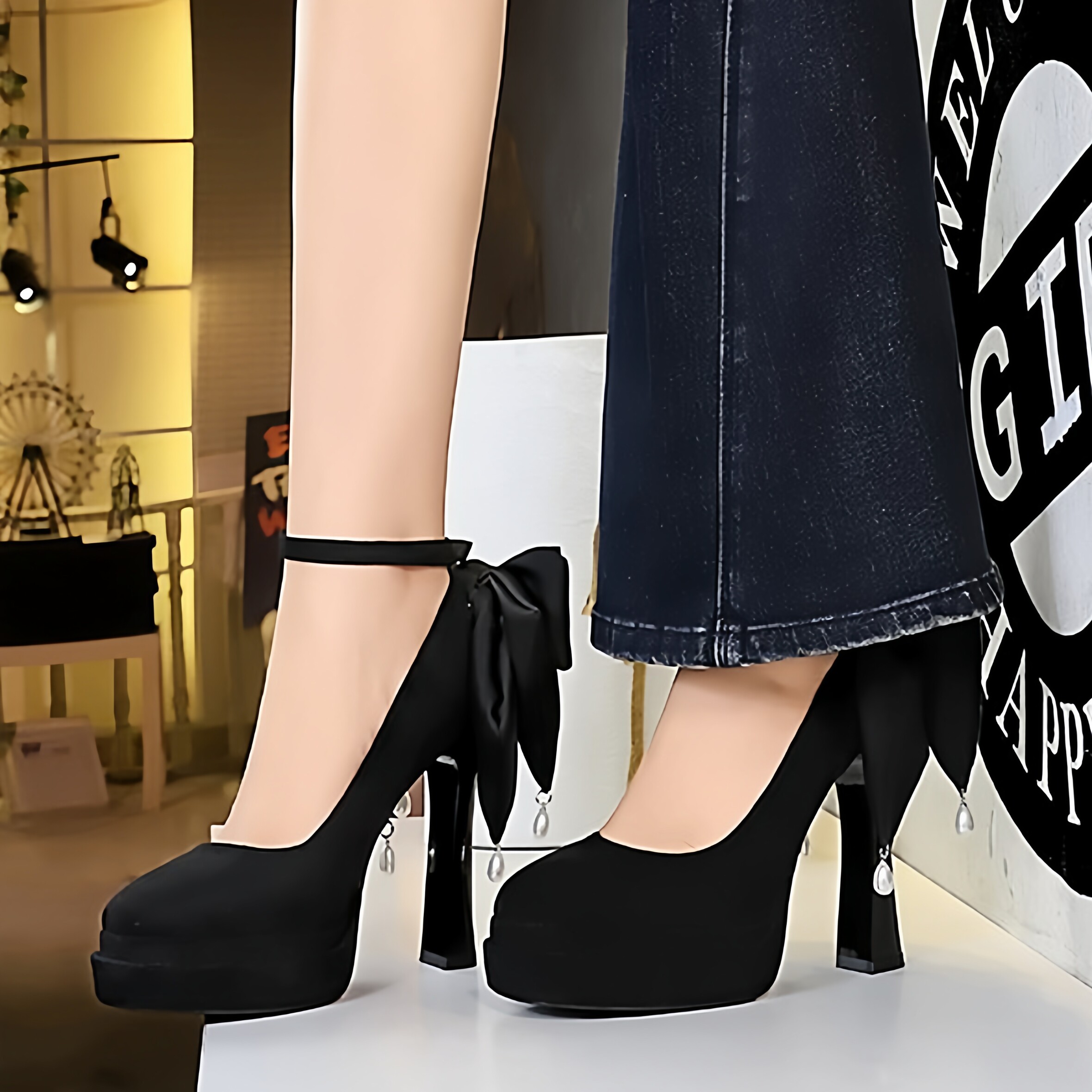 真皮复古风黑色蝴蝶结粗跟玛丽珍鞋女圆头单鞋防水台一字带高跟鞋