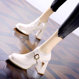 弹力飞织深口不累脚粗跟单鞋 秋季 真皮 子女2023年新款 防水台高跟鞋