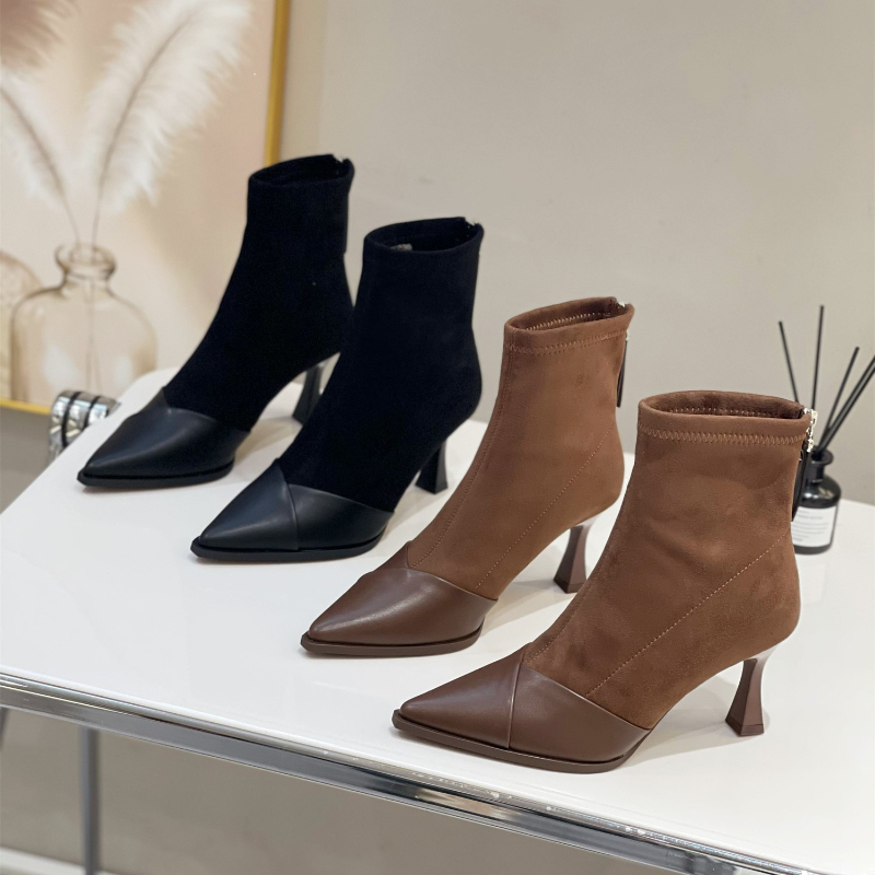 百搭瘦瘦靴细跟高跟鞋女真皮短靴