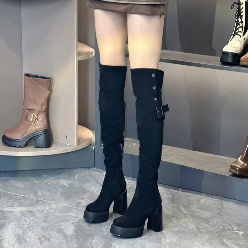 黑色过膝长靴女粗跟防水台铆钉扣带显瘦高筒靴秋冬新款辣妹骑士靴,女鞋,骑士靴,淘宝优惠券,粉丝福利购,淘宝优惠卷