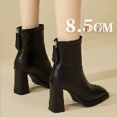 法式 加绒洋气粗跟后拉链瘦瘦靴 高跟短靴女真皮方头英伦风皮靴冬季