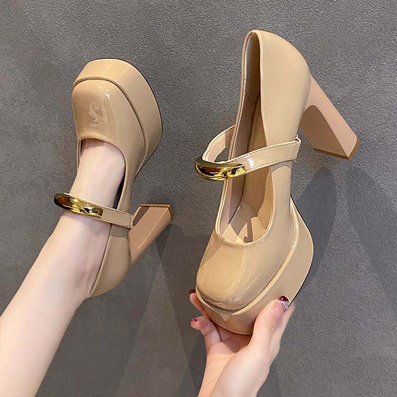 杏色厚底玛丽珍鞋女秋新款一字带漆皮方头粗跟防水台复古增高单鞋