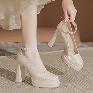粗跟11cm双层防水台超高玛丽珍高跟鞋演出小个子绸缎香槟色婚鞋女