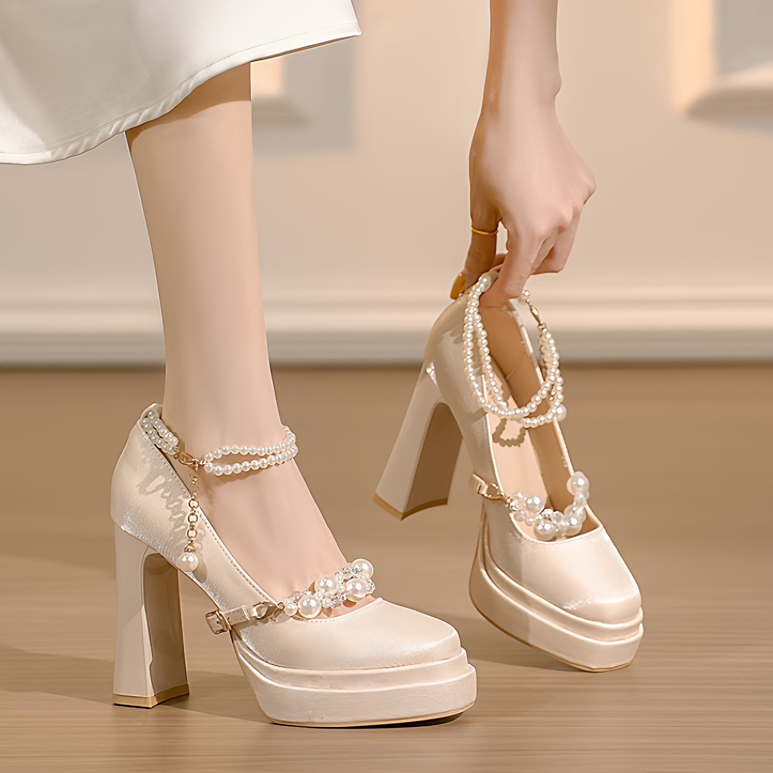 绝美绸缎玛丽珍鞋女厚底伴娘婚鞋