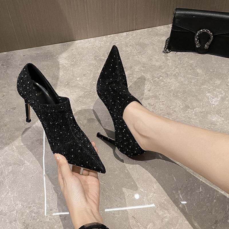 黑色水钻深口单鞋设计感小众不累脚2025春夏新款尖头细跟高跟鞋女,女鞋,深口单鞋,淘宝优惠券,粉丝福利购,淘宝优惠卷