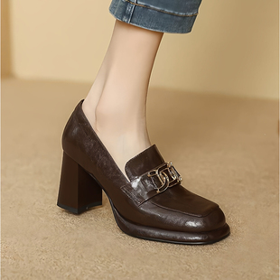 真皮复古休闲乐福鞋防水台粗跟深口单鞋子英伦风方头厚底高跟鞋女