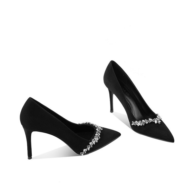 黑色高跟鞋女细跟2025年高级感尖头水钻法式气质名媛职业工作单鞋