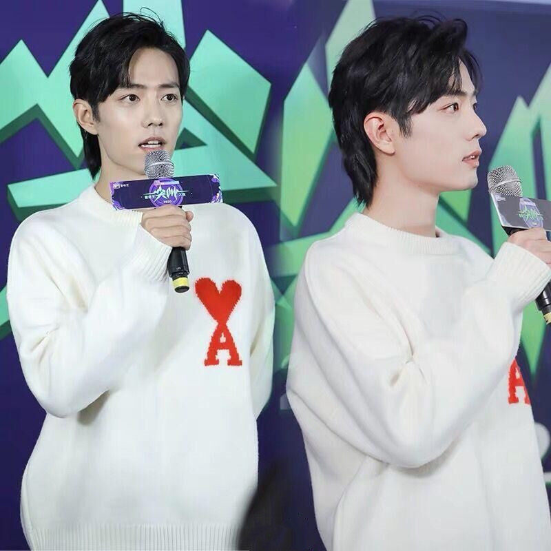 2022新款肖战同款衣服爱心毛衣宽松韩版针织衫套头男圆领上衣男潮