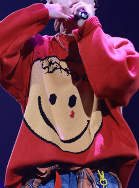 张艺兴演唱会同款毛衣红色过年本命笑脸圆领套头针织衫男女上衣潮