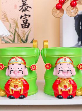 新款好运财神笔筒学生礼品办公工位财神爷礼物树脂工艺品摆件